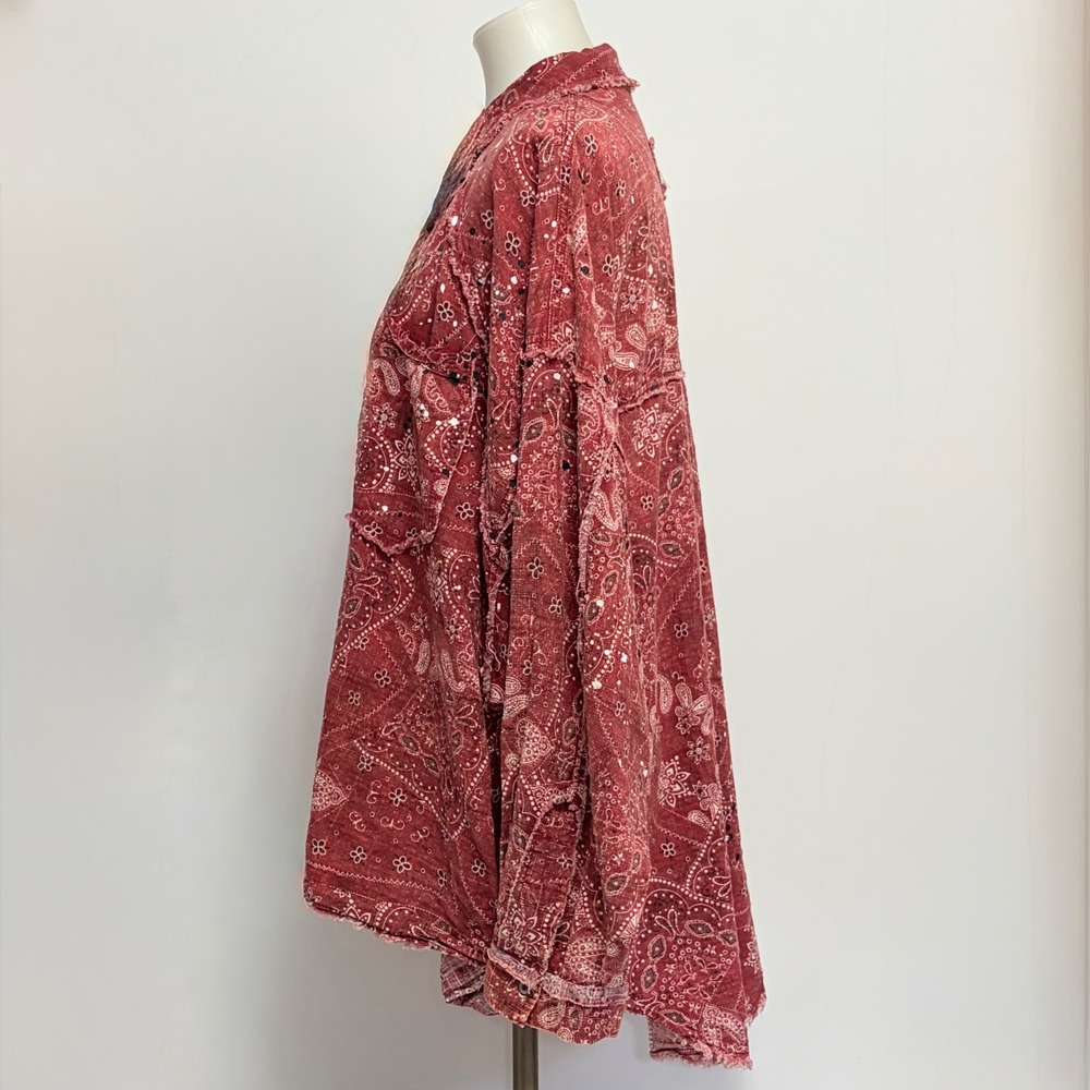 Oli & Hali Button Down Shirt Medium Red Paisley Bandana Oversized Boho - Picture 3 of 8